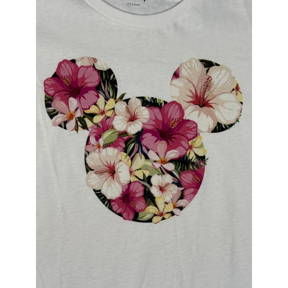 Disney Floral Mickey Mouse Graphic SS T Shirt White Crew Neck S Lightweight NWOT